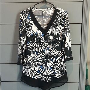 Notations Black and White Floral Top with Blue Accents